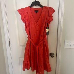 Peach eyelet, V-neck dress with ruffled sleeve